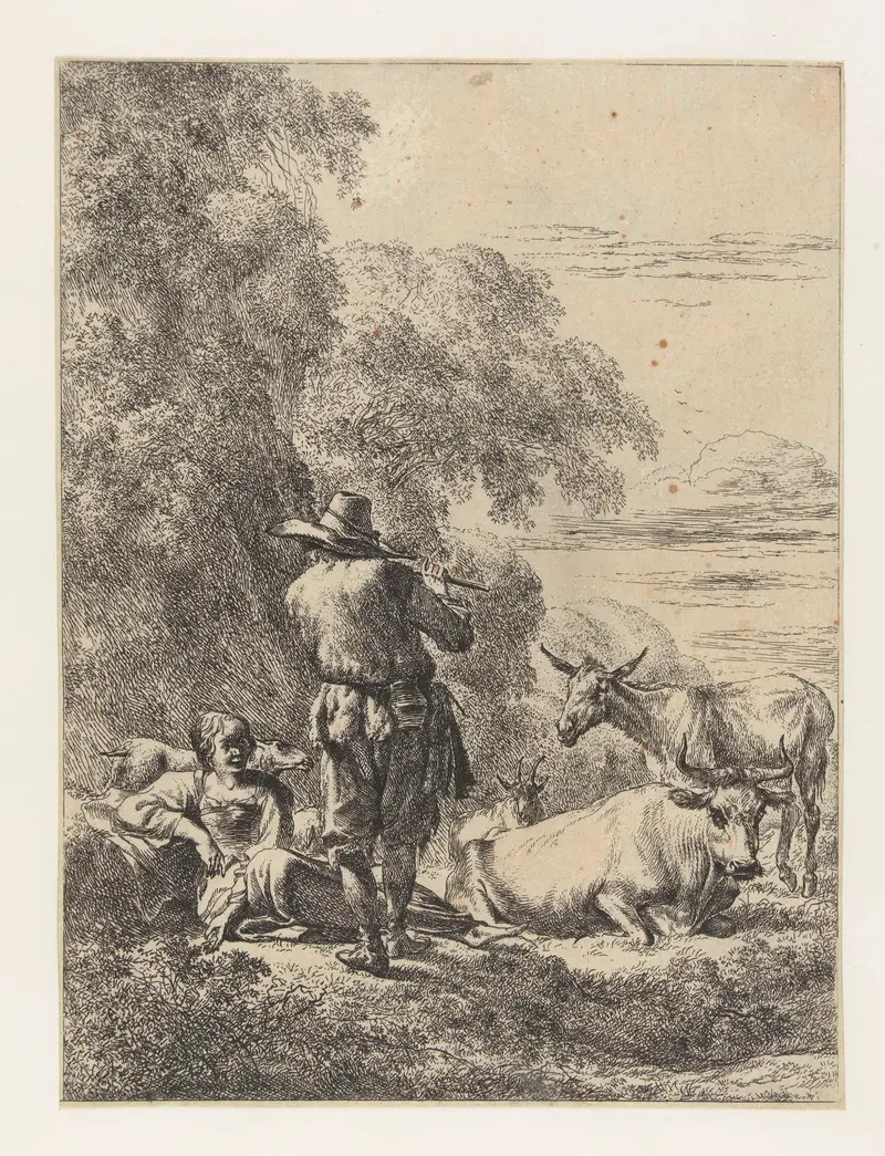 Etching by Nicolaes Pietersz Berchem of a young shepherd playing the flute.