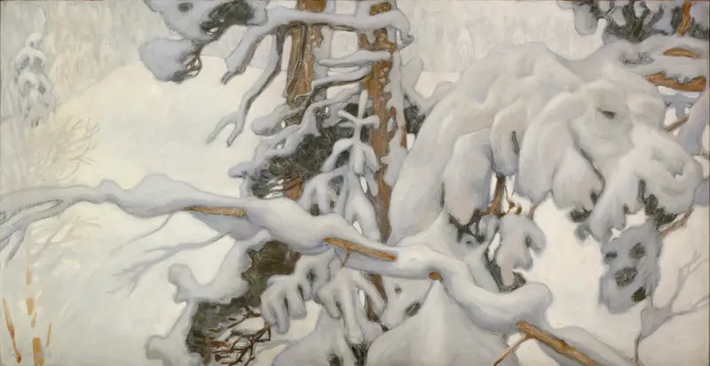 A winter landscape with snow-laden branches leaning forward, creating an intimate yet monumental atmosphere.