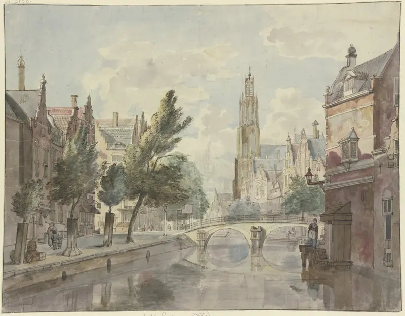 Canal scene with a bridge and cathedral, oil painting by Johannes Huibert Prins