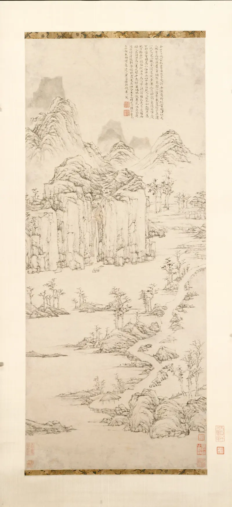 Daoist Retreat in Mountain and Stream, ink on paper by Lu Zhi, depicting a serene landscape with a river.