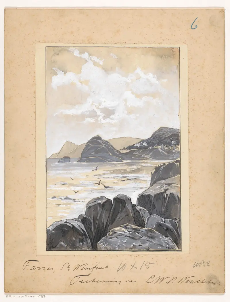 Rotsachtige baai by Willem Wenckebach, oil painting depicting a rugged coastline with waves and sunlight.