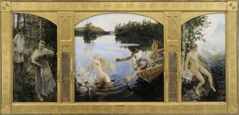 A triptych depicting a young woman in a forest, emerging from water, and sitting by a shore.