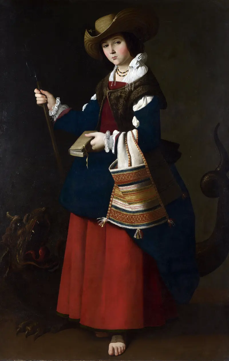 Saint Margaret of Antioch stands poised with a dragon subdued at her feet, embodying calm and faith.