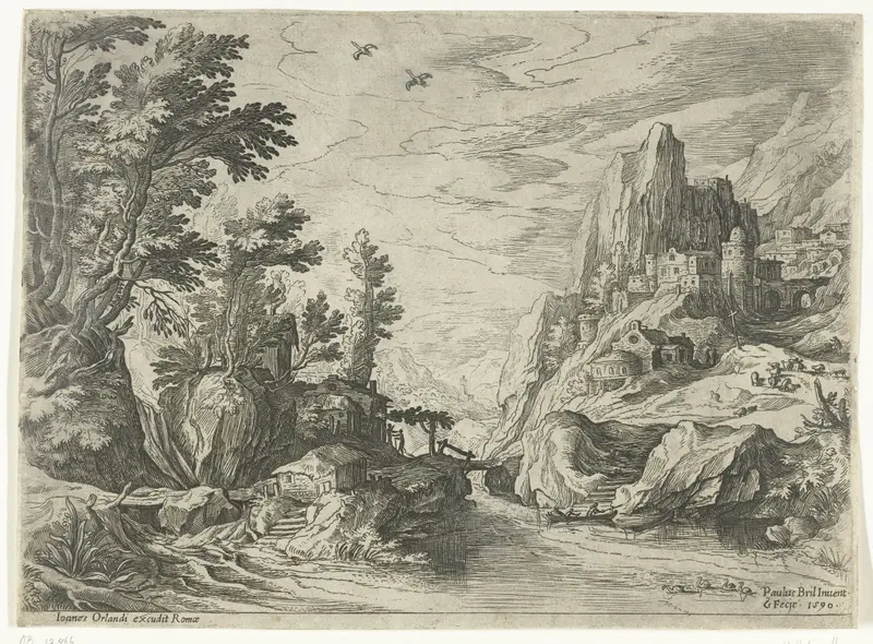Etching by Paul Bril depicting a landscape with emerald hills, a city on a rocky outcrop, and sunlight.