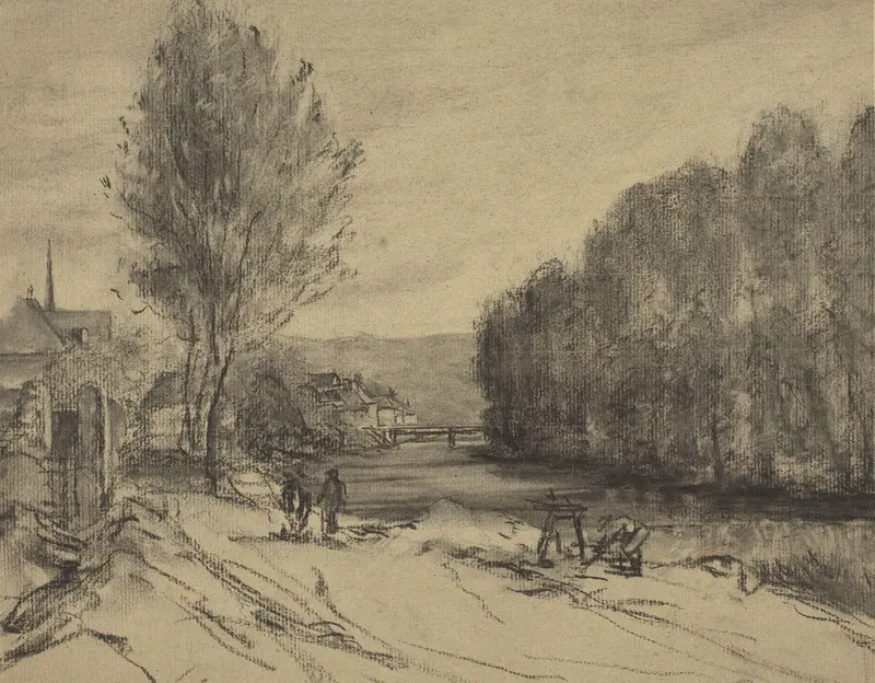 A Landscape with a River by French School, oil painting depicting a serene river scene.