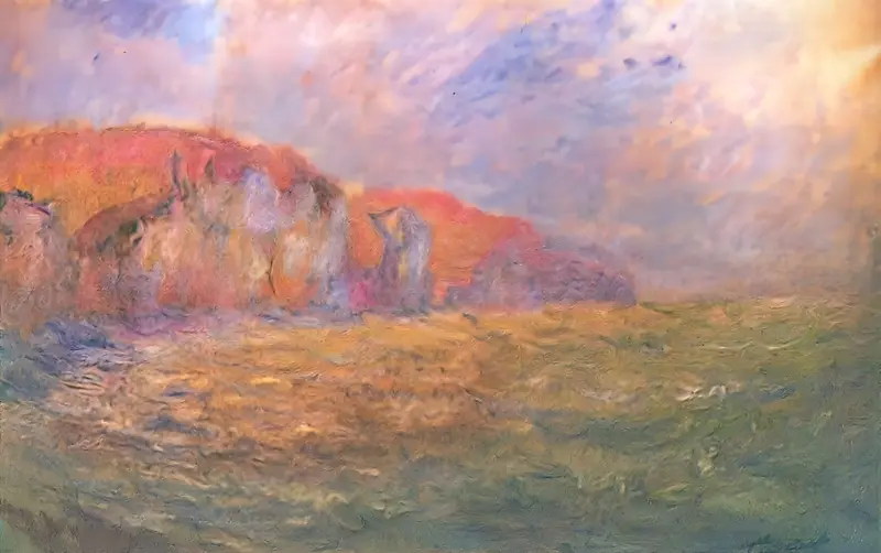 A dynamic seascape depicting rough waves crashing against cliffs under a turbulent sky.