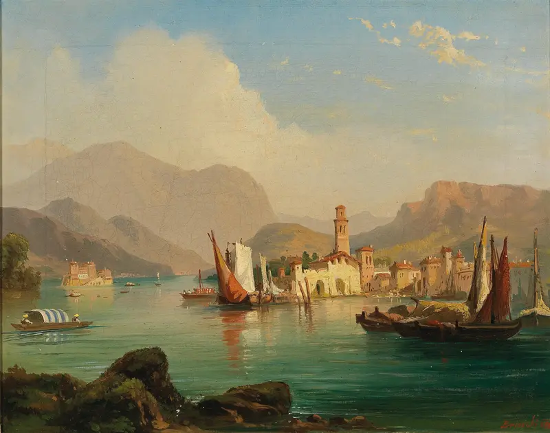 Lago Maggiore landscape by Carlo Brioschi, oil on canvas, featuring tranquil waters and soft pastel skies.