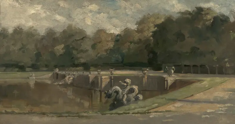 Neptune’s Pool in Versailles, oil on canvas by Charles François Daubigny, featuring serene waters and reflections.