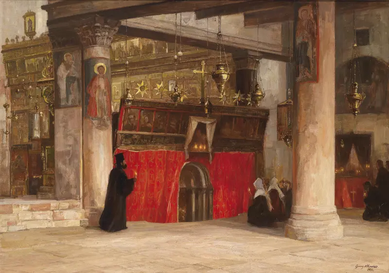Orthodoxe Kirche von Betlehem by Georg Macco, oil on canvas depicting a weathered church facade