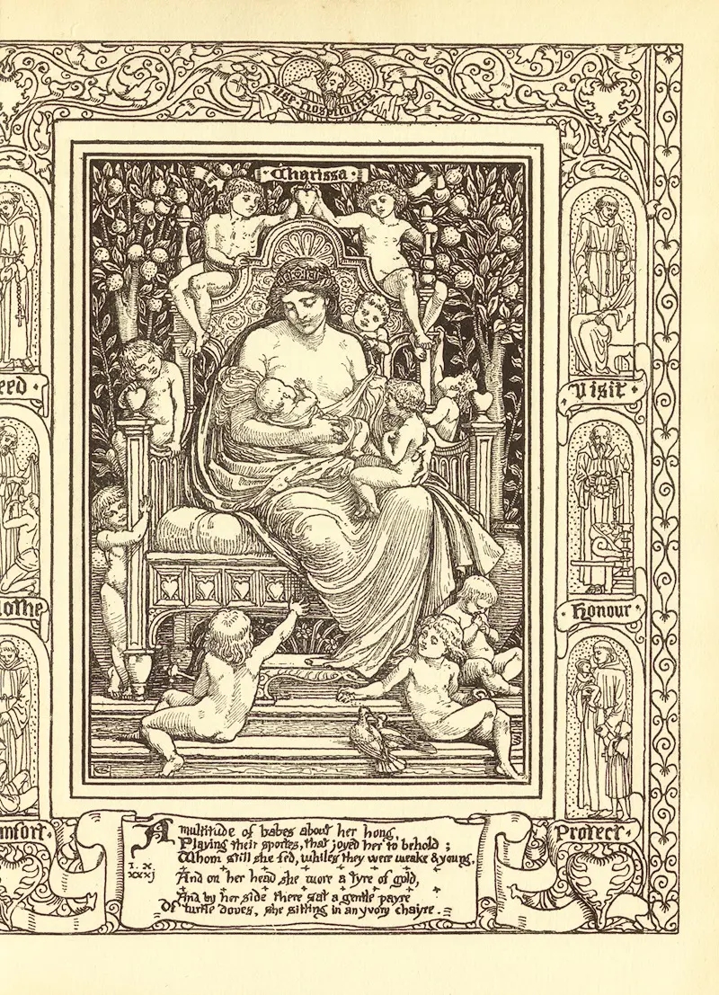 This artwork depicts a scene from Spenser's Faerie Queene, showcasing intricate details and vibrant colors.