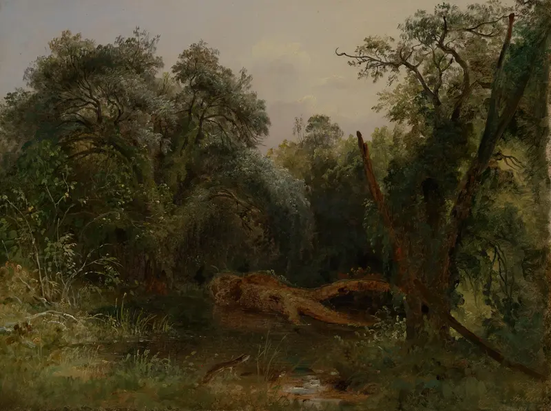 Landscape of a serene park with a winding path and dappled sunlight by Carl Morgenstern, oil painting