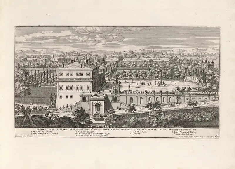 Botanical garden scene by Giovanni Battista Falda, 17th century engraving