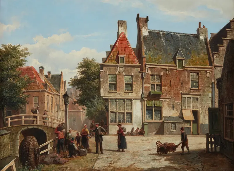 A Dutch Street in Summer by Willem Koekkoek, depicting a lively village scene with sunlight on cobblestones.