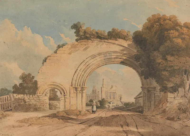 Landscape of Byland Abbey ruins by John Varley, 1808, oil painting