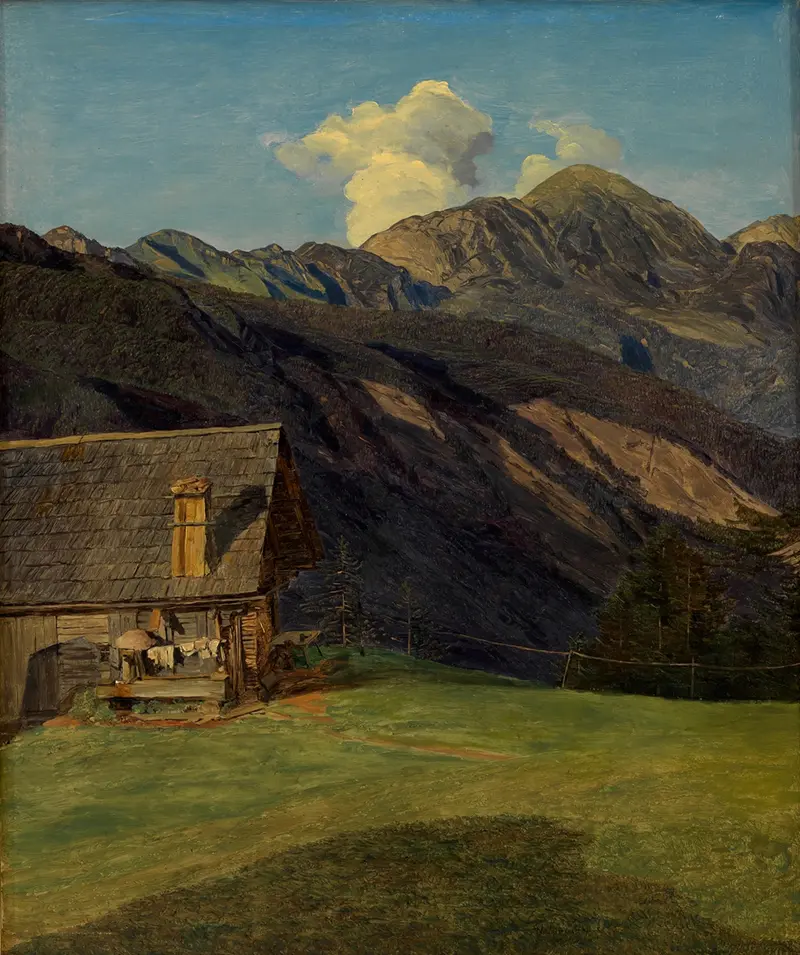 Oil painting by Ferdinand Georg Waldmüller depicting an alpine hut and mountains.