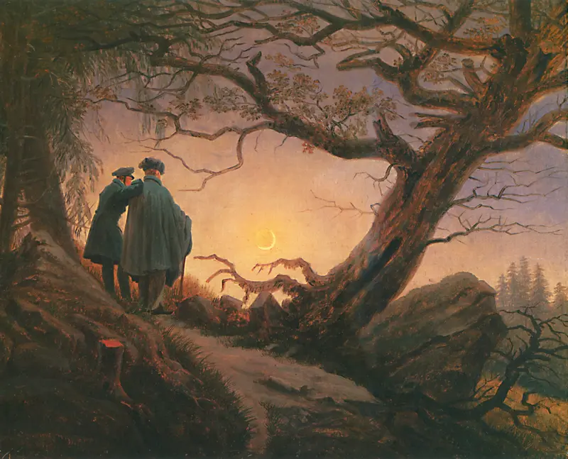 Two men gazing at the moon in a landscape, oil painting by Caspar David Friedrich