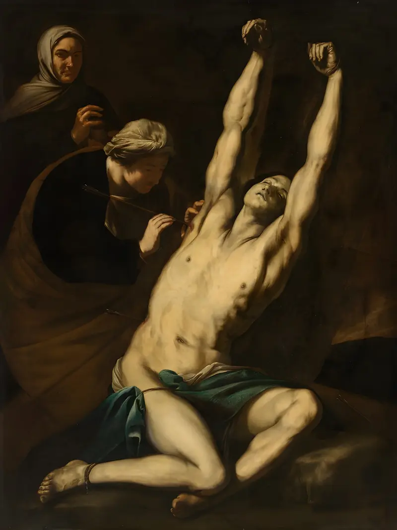 A Baroque painting depicting Saint Sebastian being cared for by Saint Irene.