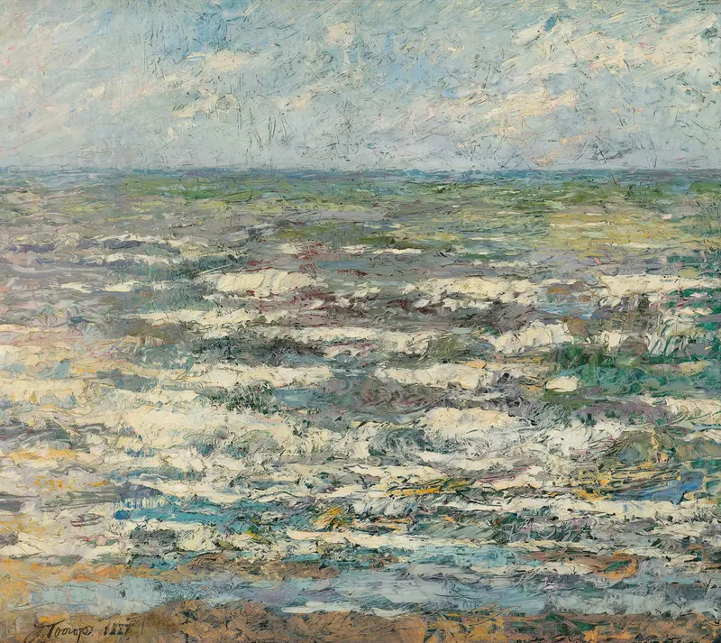 The Sea by Jan Toorop, oil painting depicting tumultuous waves and horizon in deep blue.