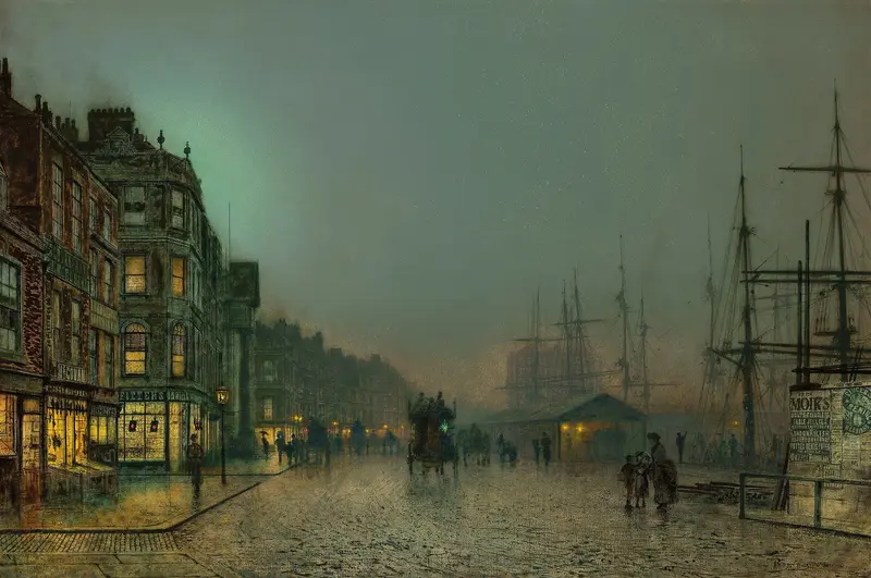 Liverpool Lights by John Atkinson Grimshaw, oil painting depicting streetlights and figures at twilight