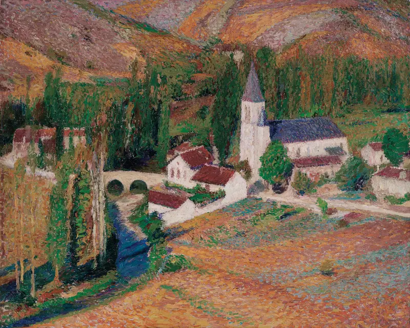 Post-Impressionism oil painting by Henri Martin depicting a church by a river in autumn.