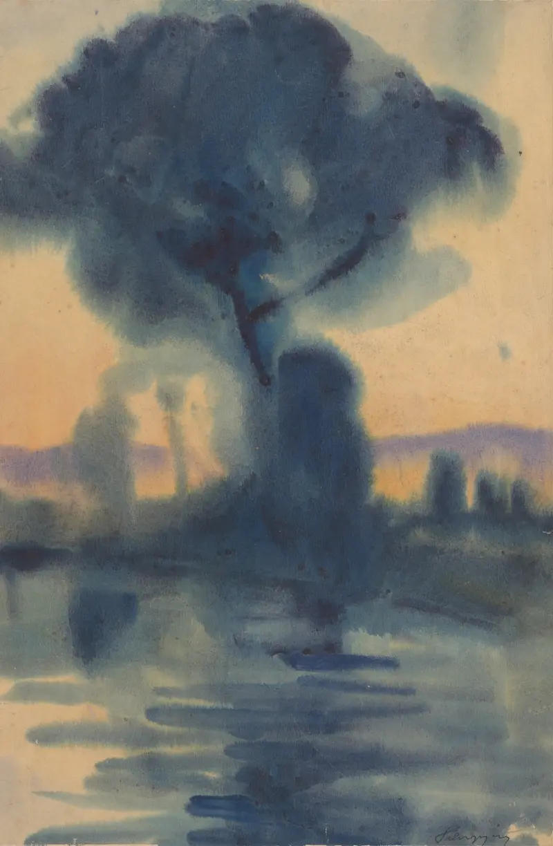 Riverbank by Zolo Palugyay, oil painting depicting a tranquil river and foliage.