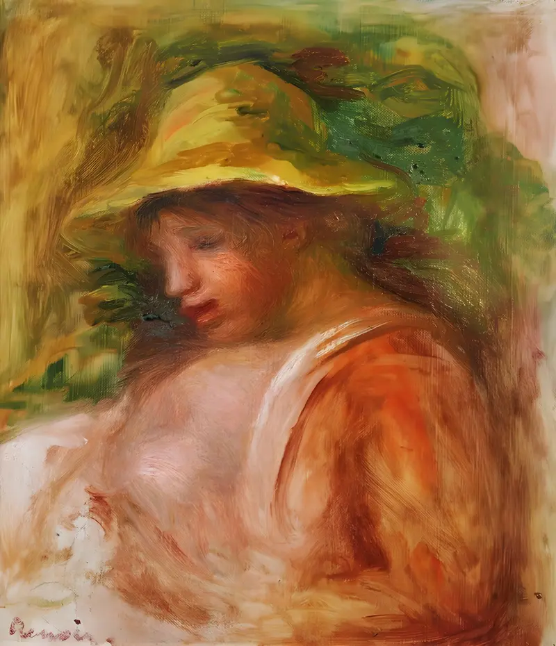 A young woman wearing a broad yellow hat looks downward, her face softly blurred with swirling brushstrokes against a green and ochre background.