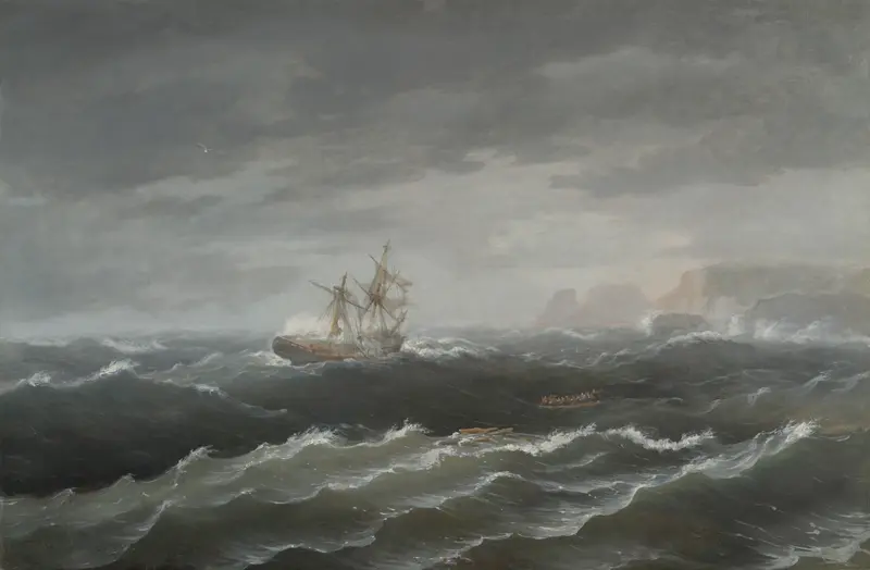 Shipwreck near a Rocky Coast, oil on canvas by Thomas Birch, depicting a ship battling stormy waves.