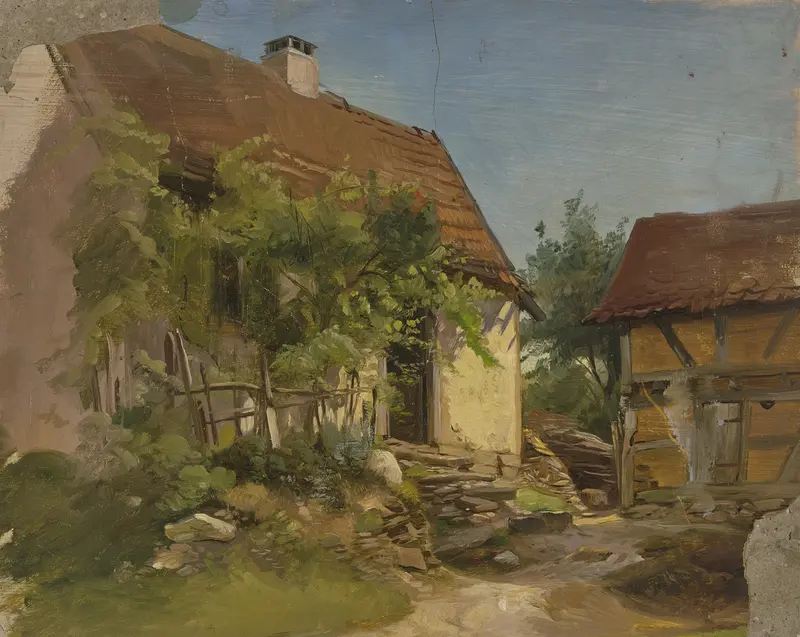 Farm House by Jakob Becker, oil on canvas depicting a farmhouse and rolling hills.