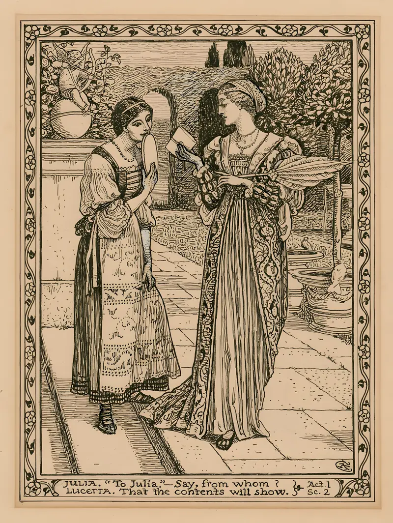 This illustration by Walter Crane depicts a scene from Shakespeare's play, focusing on the characters Julia and Lucetta.