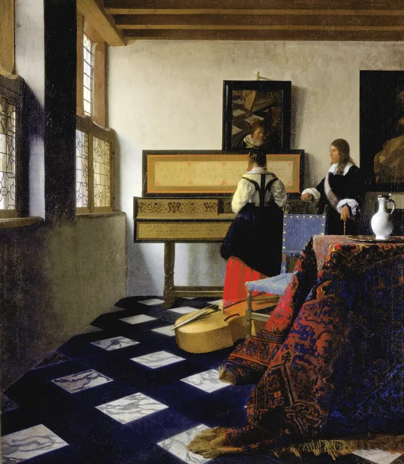 A young woman at a virginal with a gentleman leaning in, reflecting a moment of music or love.