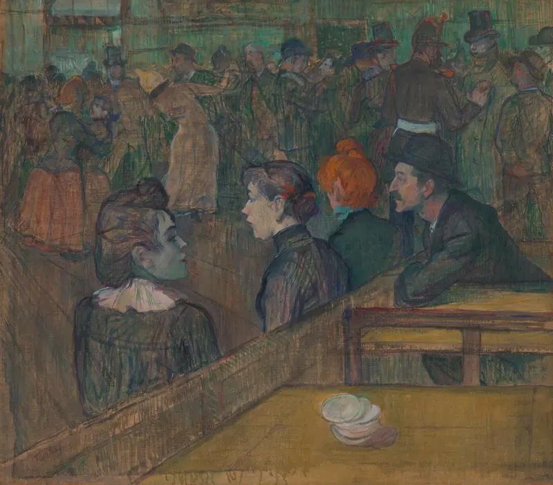 Moulin de la Galette oil painting by Henri de Toulouse-Lautrec depicting a lively dance scene