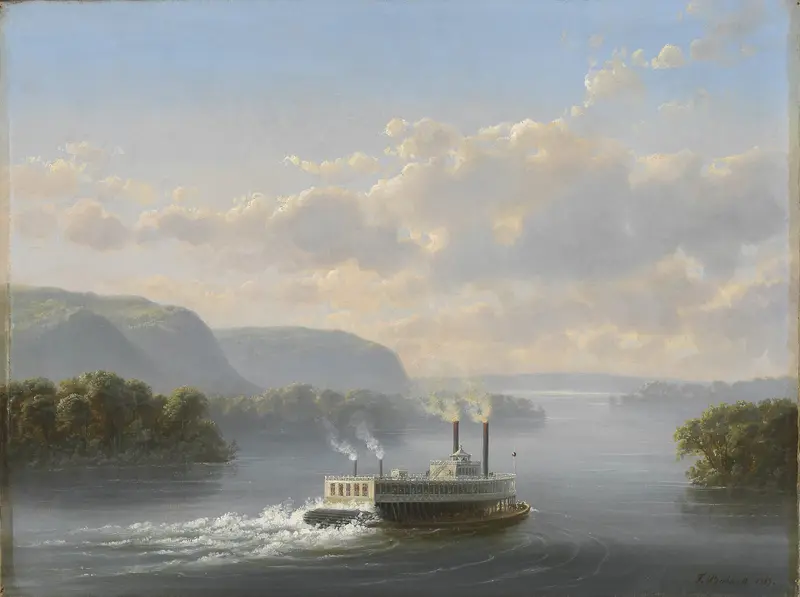 Steamwheeler on the Upper Mississippi by Ferdinand Richardt, oil painting depicting a river scene with a steamwheeler.