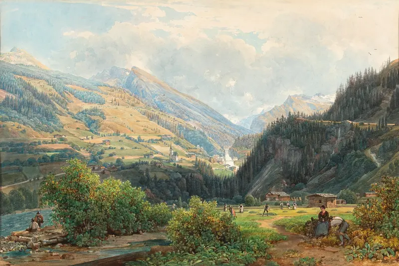 Gasteinertal with a View of the Waterfall in Bad Gastein by Thomas Ender, oil painting of a waterfall and mountains.