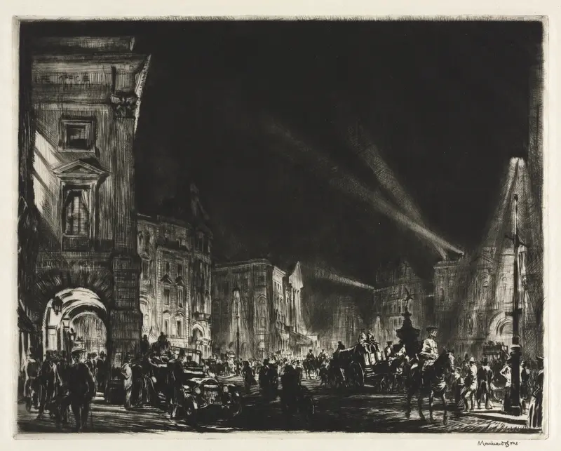 Picadilly Circus by Muirhead Bone, ink on paper, depicting a vibrant city landscape with a fountain.