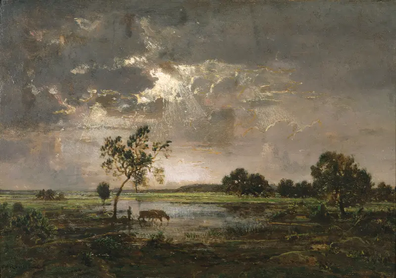 Landscape by Théodore Rousseau, oil on canvas showing a stream and trees illuminated by soft light