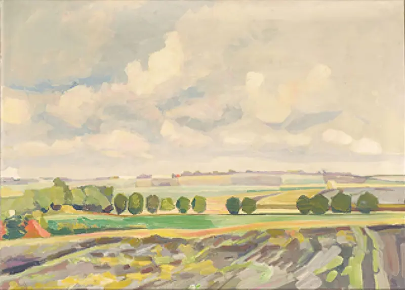 Summer landscape by Fritz Syberg, oil on canvas with rolling hills and a colorful sky.