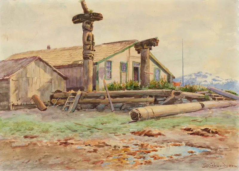 Chief’s House, Wrangell by Theodore J. Richardson, realism, depicting a weathered wooden structure under a muted sky