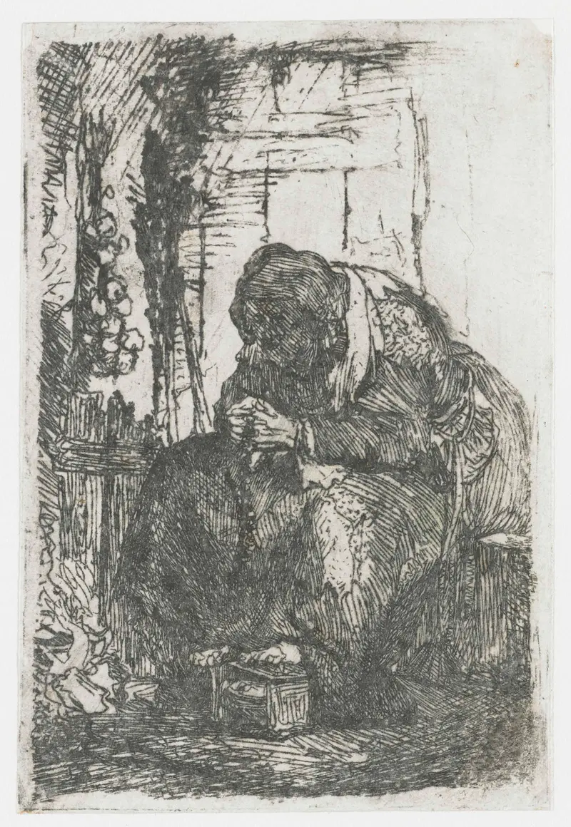 Old Woman Seated in a Cottage, with a String of Onions, etching by Rembrandt van Rijn