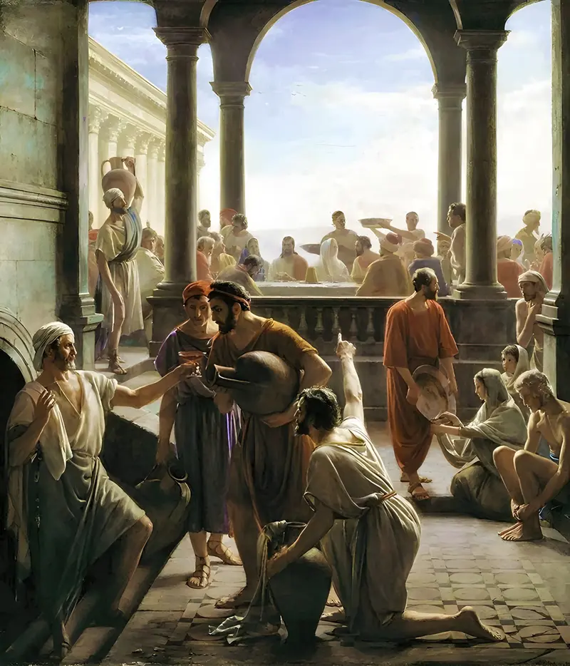 Carl Bloch's 'Turning Water to Wine' depicts a biblical scene of transformation.
