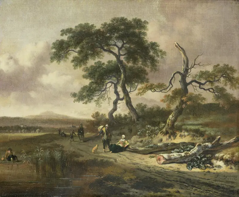 Landscape with a Peddler and Woman Resting, oil on canvas by Jan Wijnants