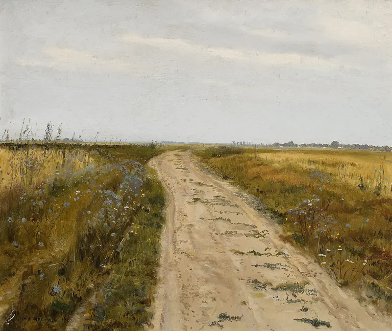 Field Track by Jozef Chelmonski, oil painting depicting a vibrant landscape with green and gold hues.