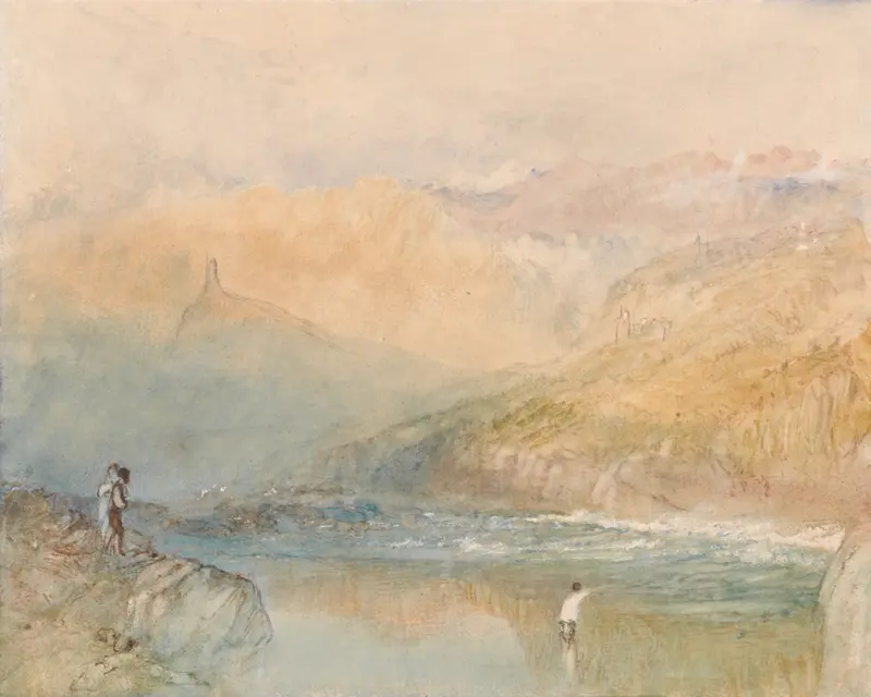 On the Mosell, Near Traben Trarbach by Joseph Mallord William Turner, oil on canvas depicting a tranquil river landscape.