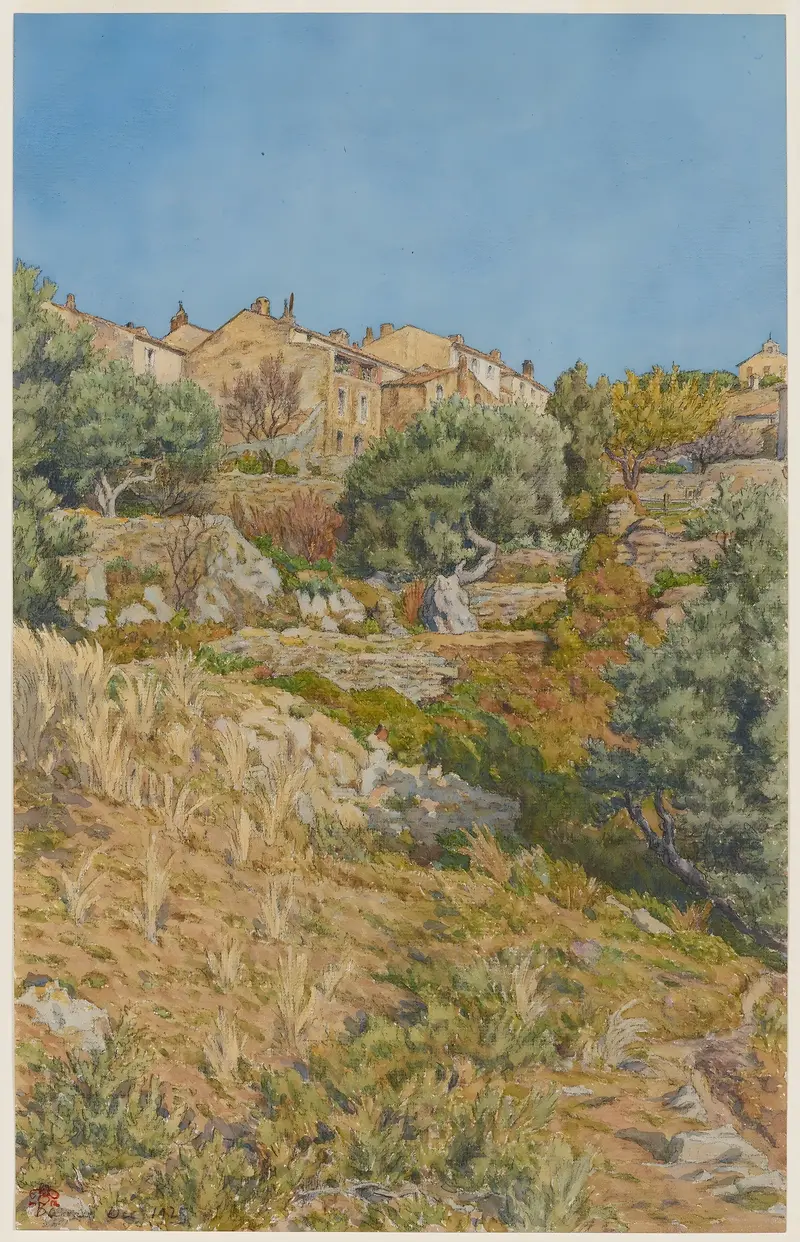 Bormes by Henri Rivière, a landscape with emerald trees and golden light, medium unknown.