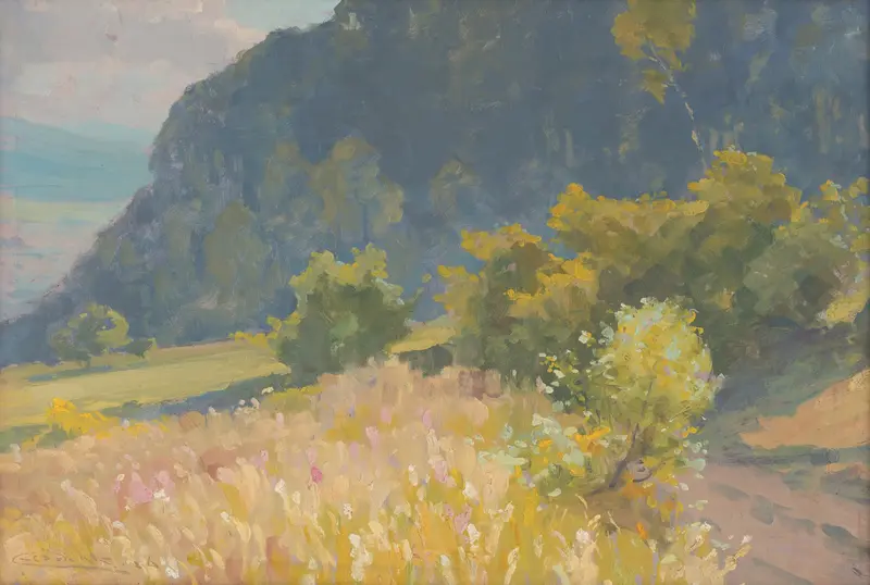 Landscape by Ľudovít Čordák, modernism, depicting rolling hills and a hazy sky