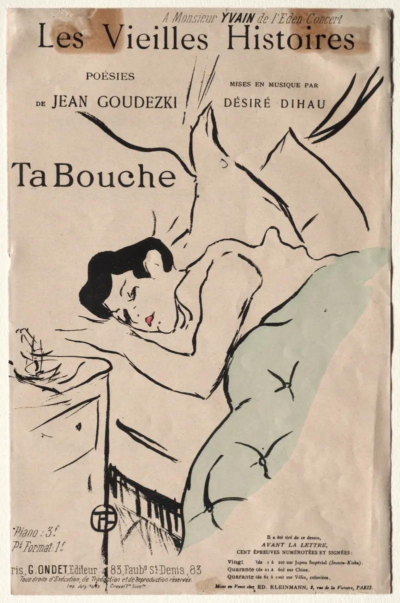Henri de Toulouse-Lautrec's 'Les Vieilles Histoires, Ta Bouche' captures a lively moment in a Parisian setting.