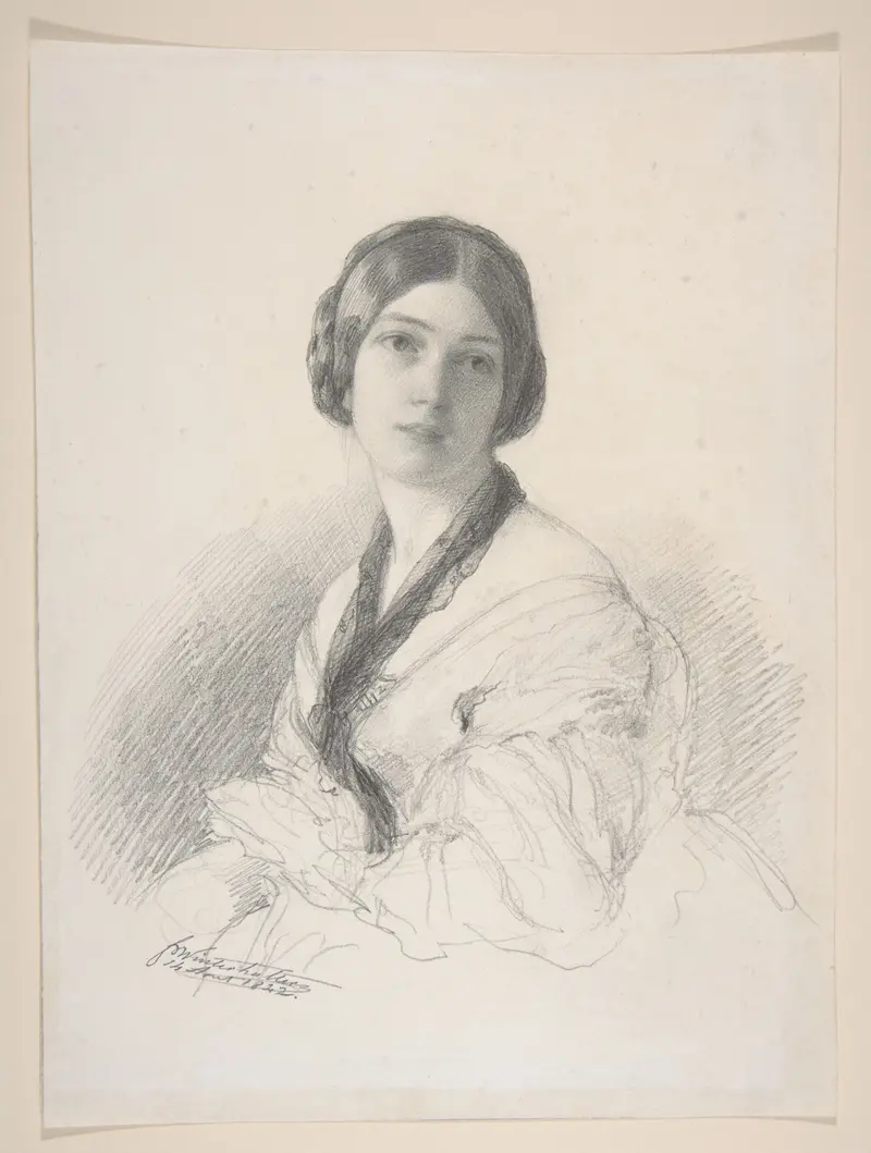 Portrait of Baroness Gudin by Franz Xaver Winterhalter showcases elegant attire and refined beauty.