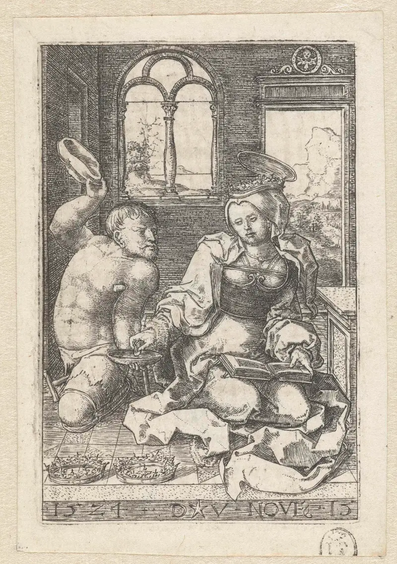 Engraving by Dirck Vellert depicting Saint Elisabeth giving alms to a beggar.