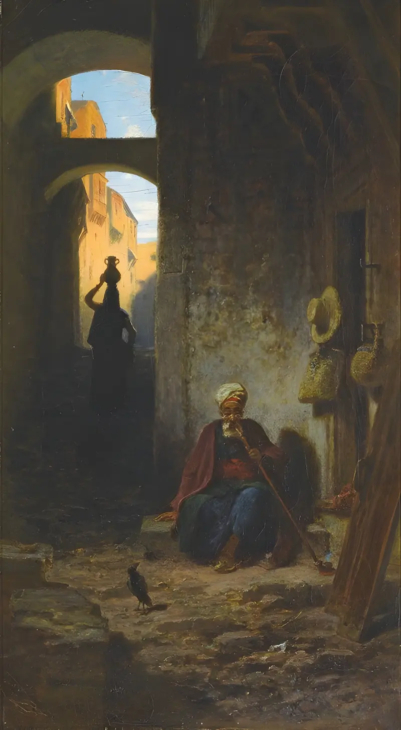 Carl Spitzweg's 'Out Of The Orient' depicts a whimsical scene of an exotic traveler.