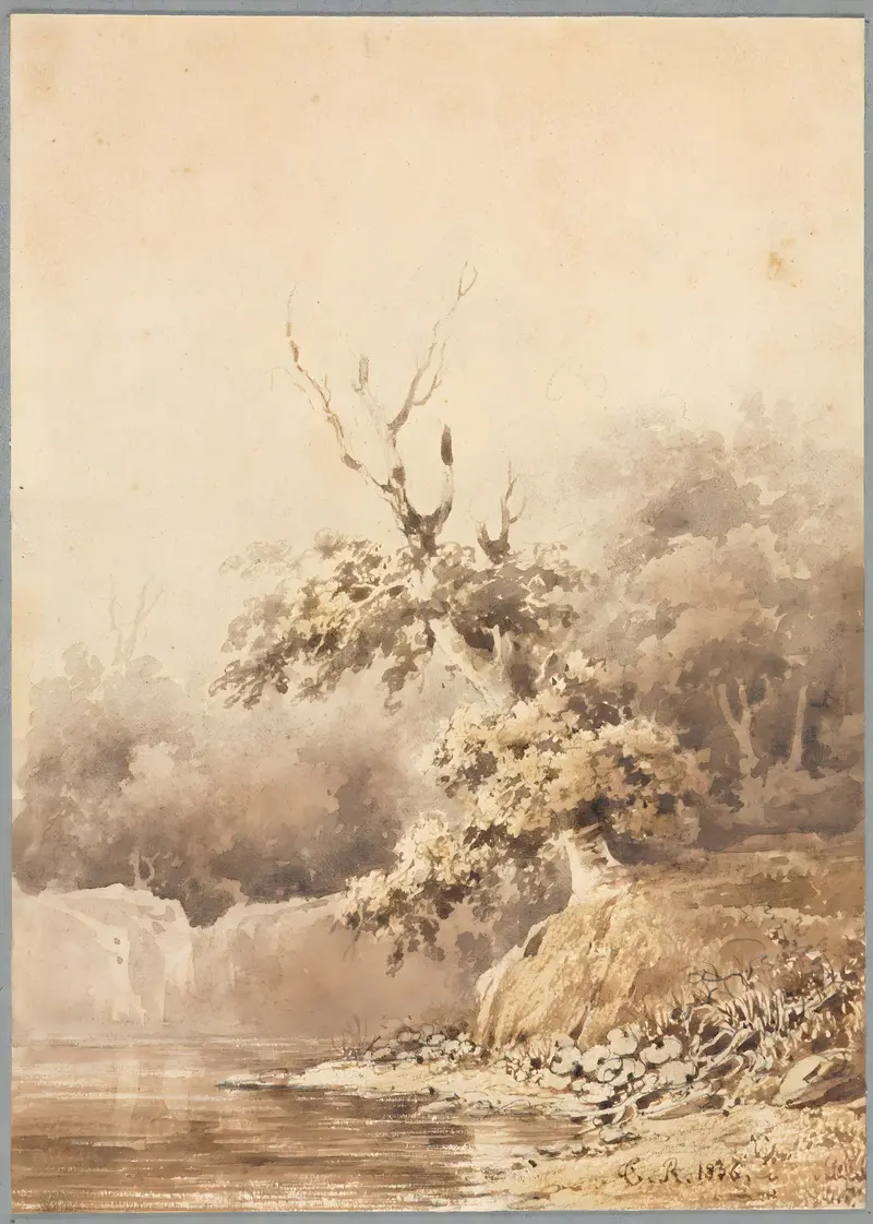 Landscape oil painting by Théodore Rousseau depicting hills and a lone tree at twilight