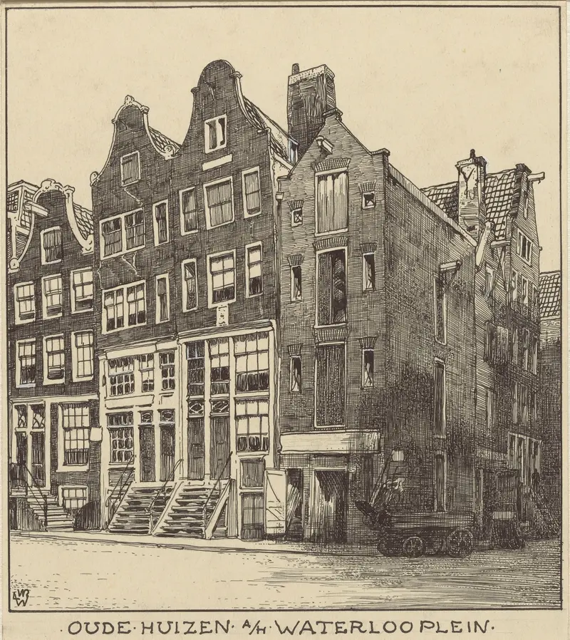 Oude huizen aan het Waterlooplein te Amsterdam by Willem Wenckebach, oil on canvas showing historical houses.